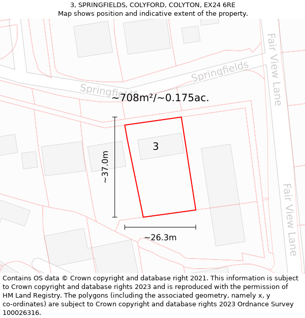 3, SPRINGFIELDS, COLYFORD, COLYTON, EX24 6RE: Plot and title map