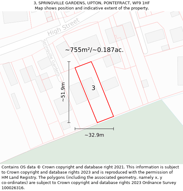 3, SPRINGVILLE GARDENS, UPTON, PONTEFRACT, WF9 1HF: Plot and title map