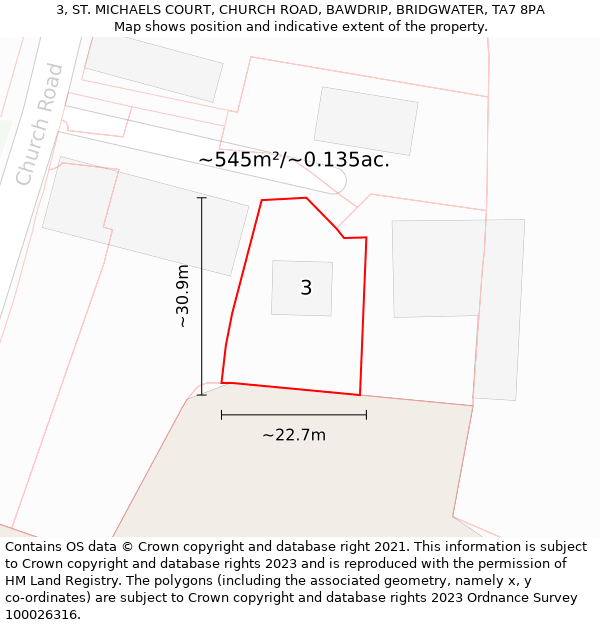 3, ST. MICHAELS COURT, CHURCH ROAD, BAWDRIP, BRIDGWATER, TA7 8PA: Plot and title map