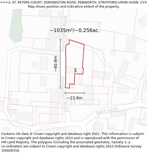 3, ST. PETERS COURT, DORSINGTON ROAD, PEBWORTH, STRATFORD-UPON-AVON, CV37 8UL: Plot and title map