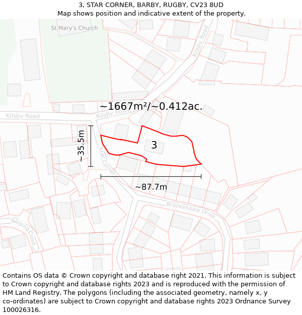 3, STAR CORNER, BARBY, RUGBY, CV23 8UD: Plot and title map