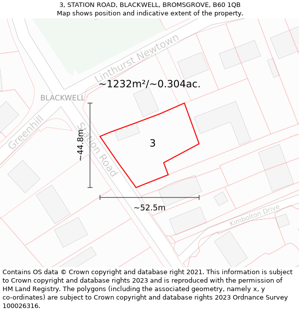 3, STATION ROAD, BLACKWELL, BROMSGROVE, B60 1QB: Plot and title map