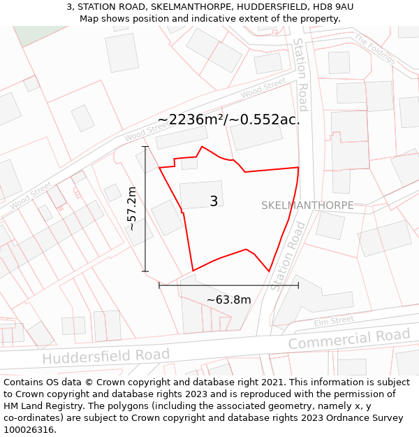 3, STATION ROAD, SKELMANTHORPE, HUDDERSFIELD, HD8 9AU: Plot and title map