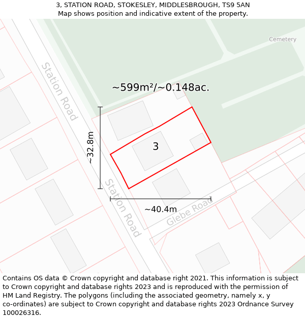 3, STATION ROAD, STOKESLEY, MIDDLESBROUGH, TS9 5AN: Plot and title map