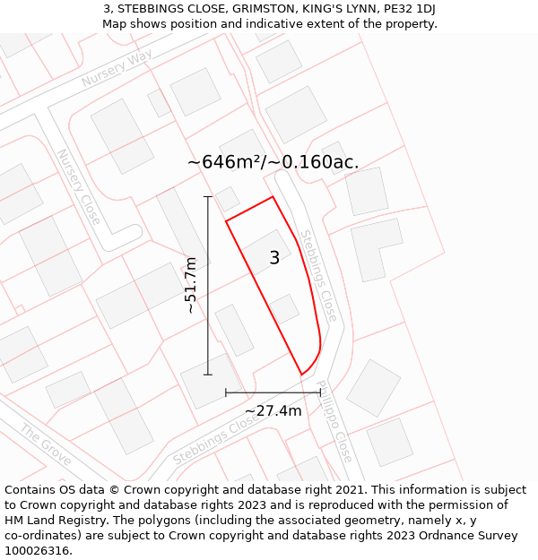 3, STEBBINGS CLOSE, GRIMSTON, KING'S LYNN, PE32 1DJ: Plot and title map