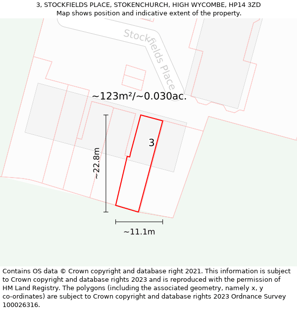 3, STOCKFIELDS PLACE, STOKENCHURCH, HIGH WYCOMBE, HP14 3ZD: Plot and title map