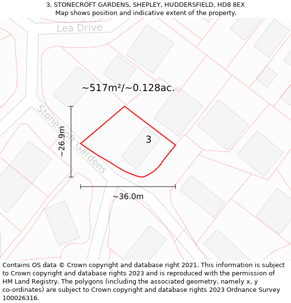 3, STONECROFT GARDENS, SHEPLEY, HUDDERSFIELD, HD8 8EX: Plot and title map