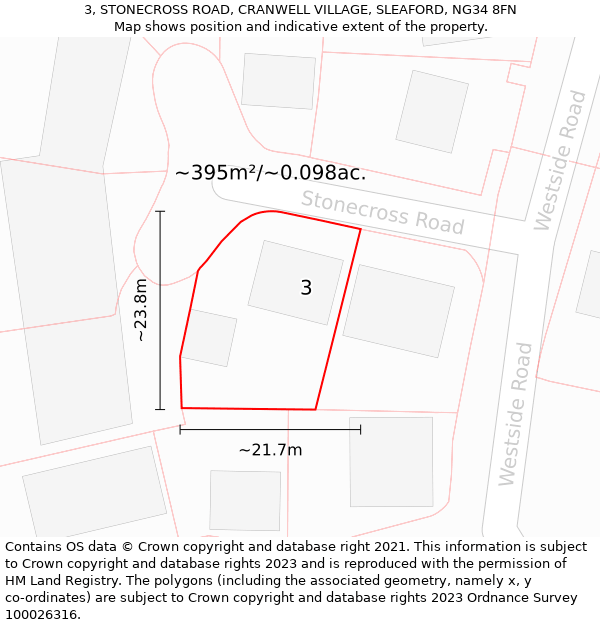 3, STONECROSS ROAD, CRANWELL VILLAGE, SLEAFORD, NG34 8FN: Plot and title map