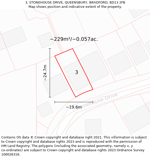 3, STONEHOUSE DRIVE, QUEENSBURY, BRADFORD, BD13 2FB: Plot and title map