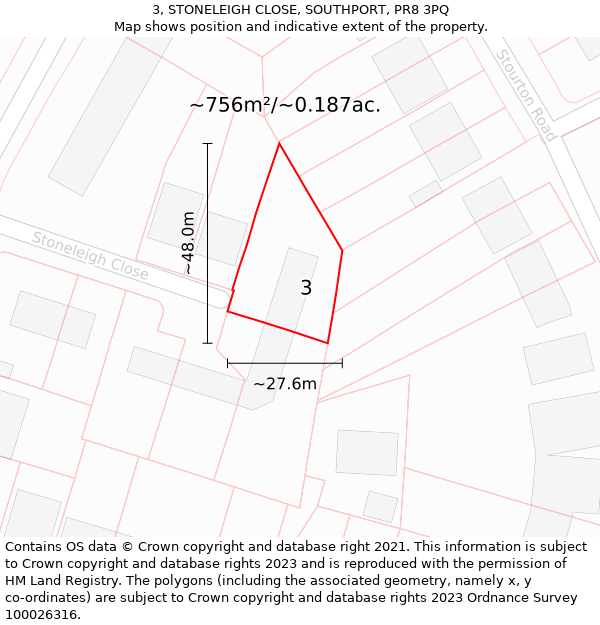 3, STONELEIGH CLOSE, SOUTHPORT, PR8 3PQ: Plot and title map