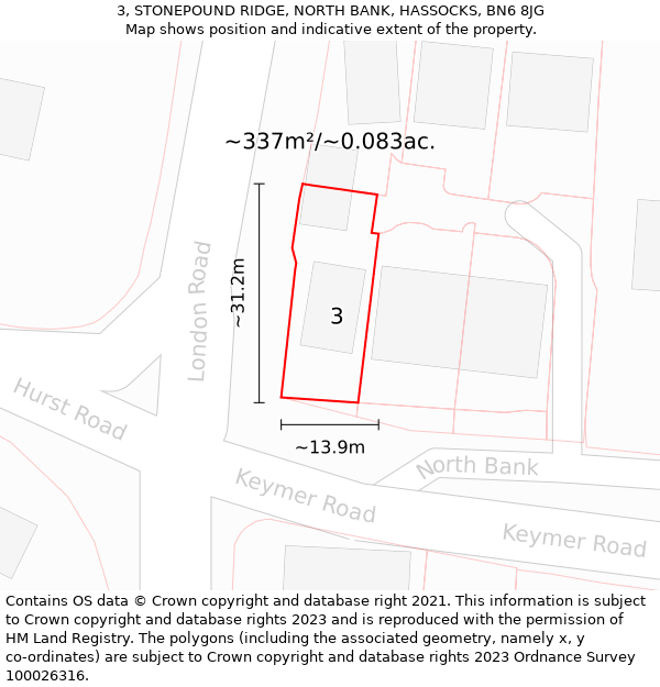 3, STONEPOUND RIDGE, NORTH BANK, HASSOCKS, BN6 8JG: Plot and title map