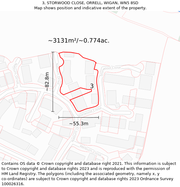 3, STORWOOD CLOSE, ORRELL, WIGAN, WN5 8SD: Plot and title map