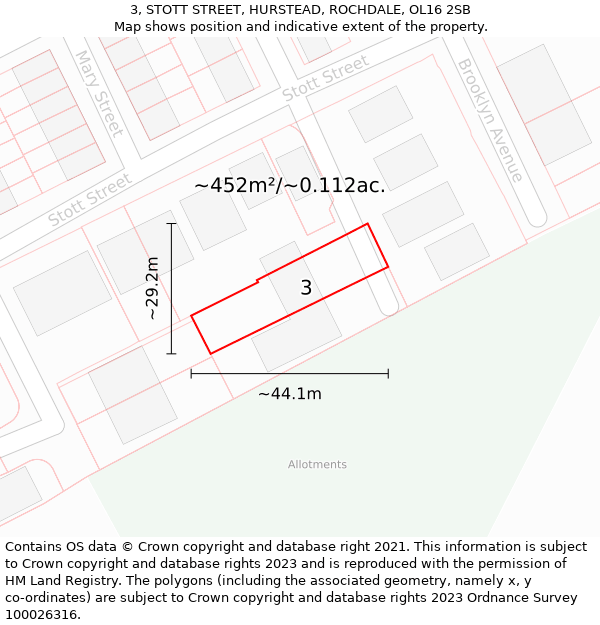 3, STOTT STREET, HURSTEAD, ROCHDALE, OL16 2SB: Plot and title map