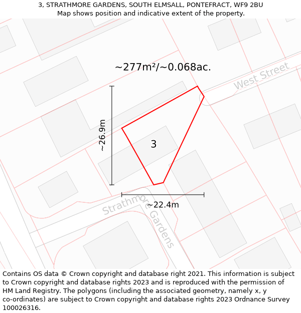 3, STRATHMORE GARDENS, SOUTH ELMSALL, PONTEFRACT, WF9 2BU: Plot and title map