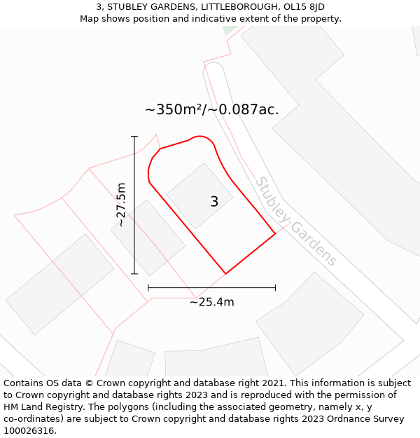 3, STUBLEY GARDENS, LITTLEBOROUGH, OL15 8JD: Plot and title map