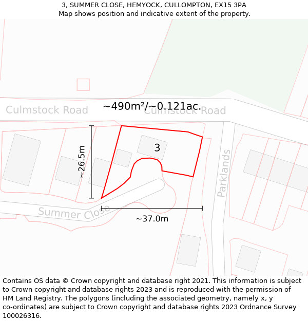 3, SUMMER CLOSE, HEMYOCK, CULLOMPTON, EX15 3PA: Plot and title map