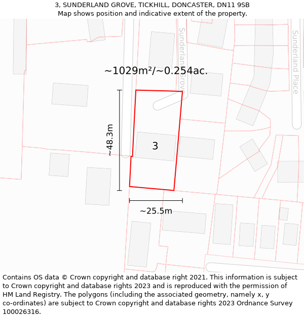 3, SUNDERLAND GROVE, TICKHILL, DONCASTER, DN11 9SB: Plot and title map