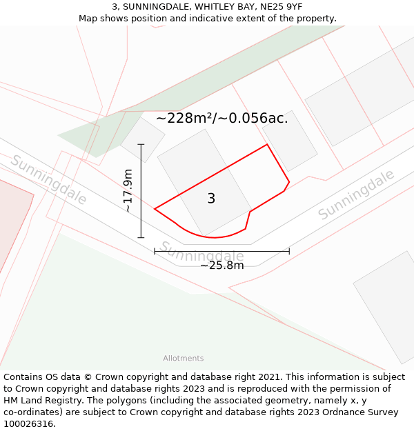 3, SUNNINGDALE, WHITLEY BAY, NE25 9YF: Plot and title map