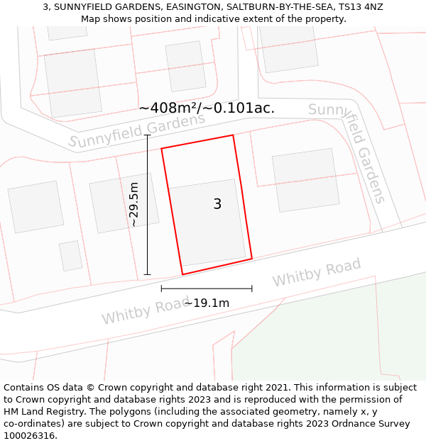 3, SUNNYFIELD GARDENS, EASINGTON, SALTBURN-BY-THE-SEA, TS13 4NZ: Plot and title map