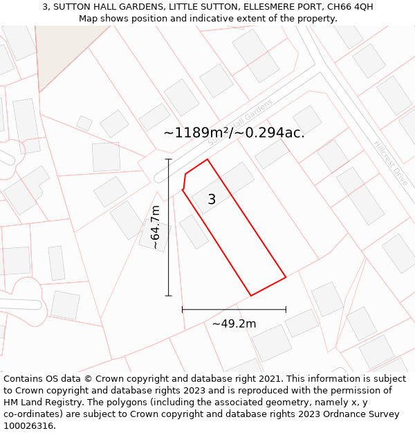 3, SUTTON HALL GARDENS, LITTLE SUTTON, ELLESMERE PORT, CH66 4QH: Plot and title map