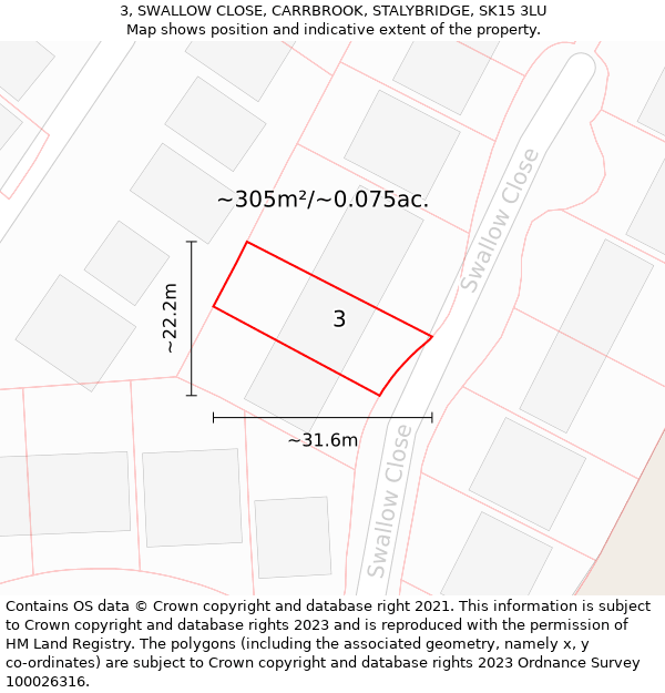 3, SWALLOW CLOSE, CARRBROOK, STALYBRIDGE, SK15 3LU: Plot and title map