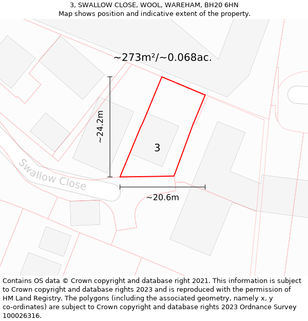 3, SWALLOW CLOSE, WOOL, WAREHAM, BH20 6HN: Plot and title map