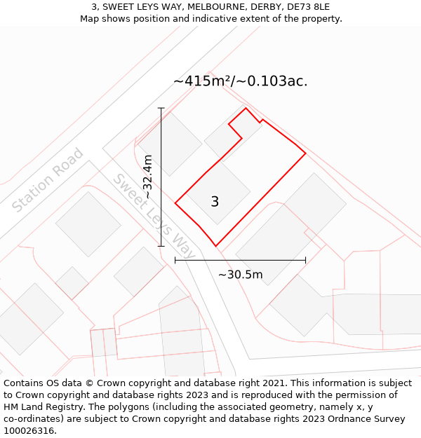 3, SWEET LEYS WAY, MELBOURNE, DERBY, DE73 8LE: Plot and title map