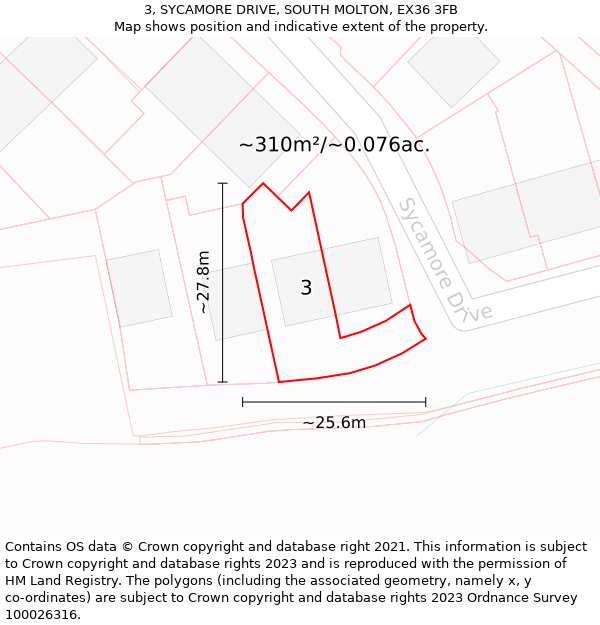 3, SYCAMORE DRIVE, SOUTH MOLTON, EX36 3FB: Plot and title map