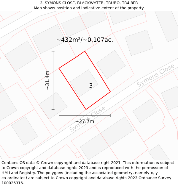 3, SYMONS CLOSE, BLACKWATER, TRURO, TR4 8ER: Plot and title map