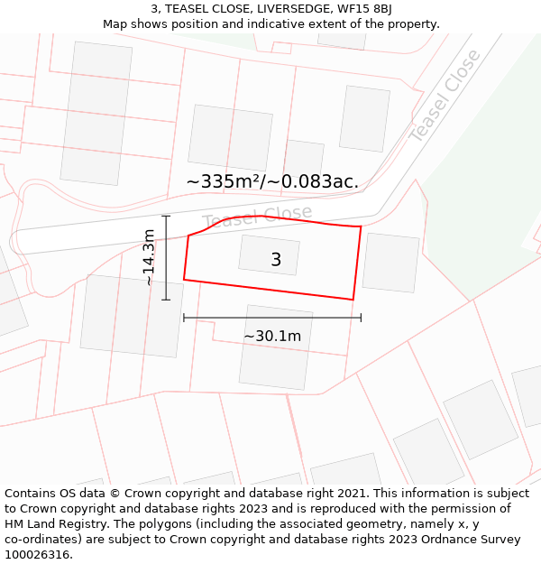 3, TEASEL CLOSE, LIVERSEDGE, WF15 8BJ: Plot and title map