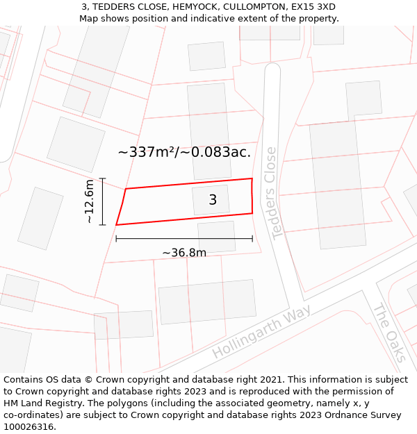 3, TEDDERS CLOSE, HEMYOCK, CULLOMPTON, EX15 3XD: Plot and title map