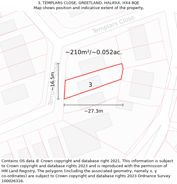 3, TEMPLARS CLOSE, GREETLAND, HALIFAX, HX4 8QE: Plot and title map