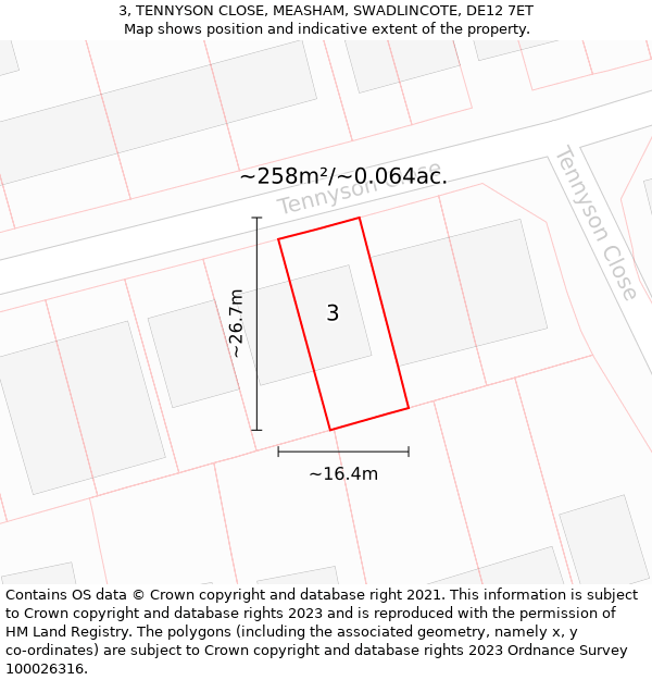 3, TENNYSON CLOSE, MEASHAM, SWADLINCOTE, DE12 7ET: Plot and title map