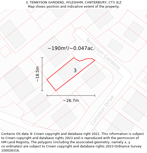 3, TENNYSON GARDENS, AYLESHAM, CANTERBURY, CT3 3LZ: Plot and title map