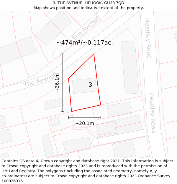 3, THE AVENUE, LIPHOOK, GU30 7QD: Plot and title map