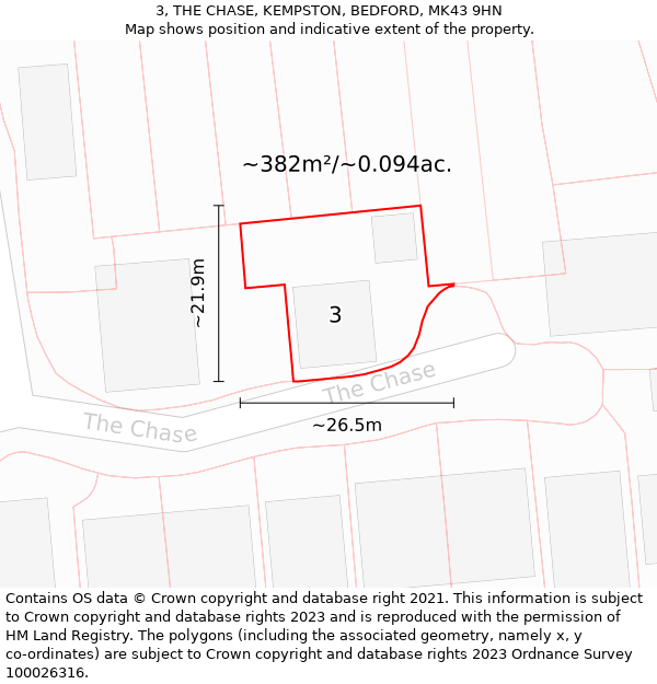 3, THE CHASE, KEMPSTON, BEDFORD, MK43 9HN: Plot and title map