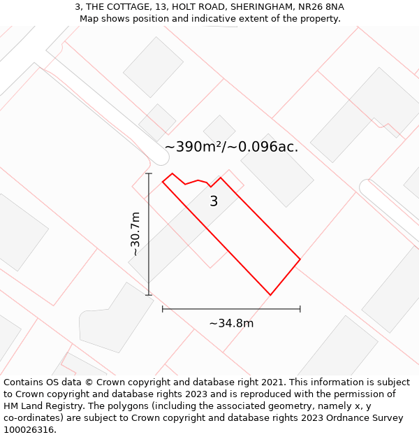 3, THE COTTAGE, 13, HOLT ROAD, SHERINGHAM, NR26 8NA: Plot and title map