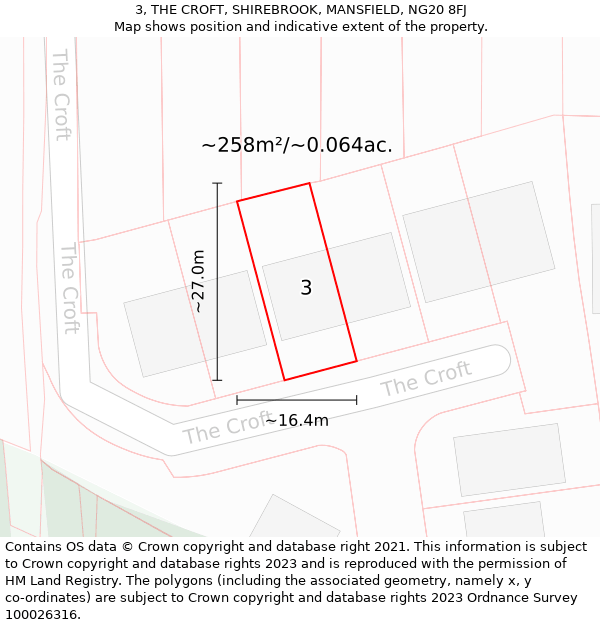 3, THE CROFT, SHIREBROOK, MANSFIELD, NG20 8FJ: Plot and title map