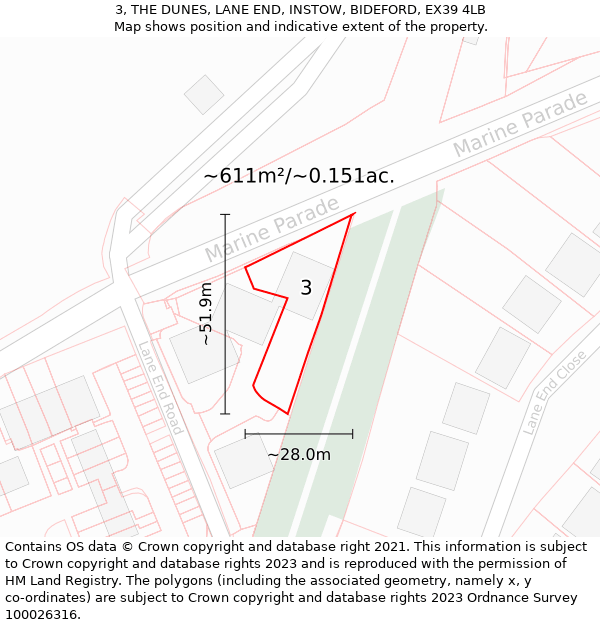 3, THE DUNES, LANE END, INSTOW, BIDEFORD, EX39 4LB: Plot and title map