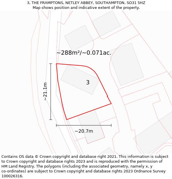 3, THE FRAMPTONS, NETLEY ABBEY, SOUTHAMPTON, SO31 5HZ: Plot and title map