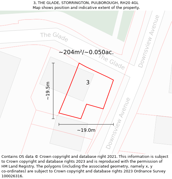 3, THE GLADE, STORRINGTON, PULBOROUGH, RH20 4GL: Plot and title map