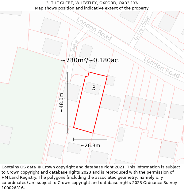 3, THE GLEBE, WHEATLEY, OXFORD, OX33 1YN: Plot and title map