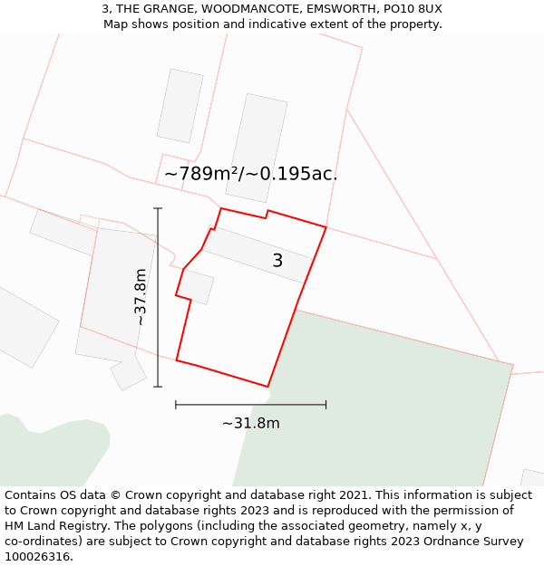 3, THE GRANGE, WOODMANCOTE, EMSWORTH, PO10 8UX: Plot and title map