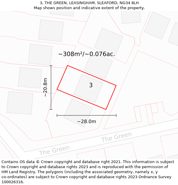 3, THE GREEN, LEASINGHAM, SLEAFORD, NG34 8LH: Plot and title map