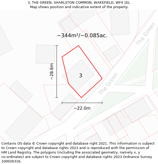 3, THE GREEN, SHARLSTON COMMON, WAKEFIELD, WF4 1EL: Plot and title map