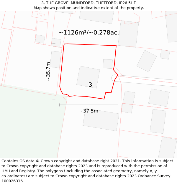 3, THE GROVE, MUNDFORD, THETFORD, IP26 5HF: Plot and title map