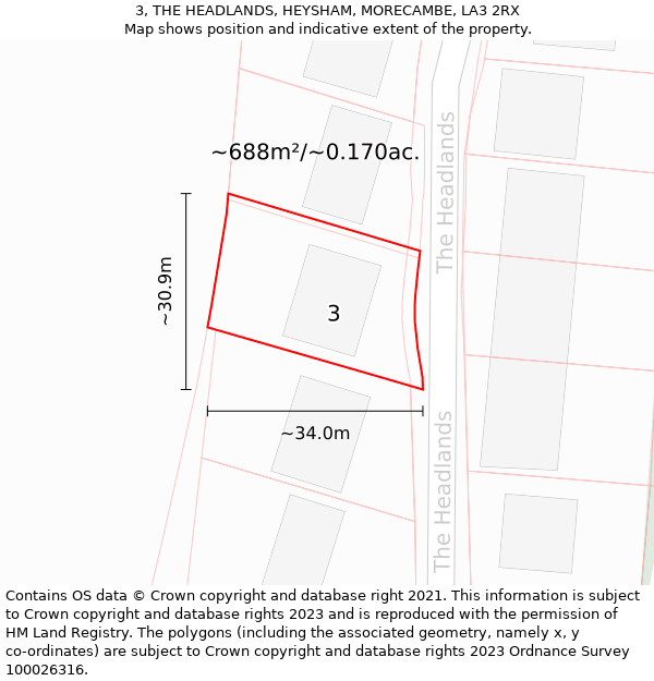 3, THE HEADLANDS, HEYSHAM, MORECAMBE, LA3 2RX: Plot and title map