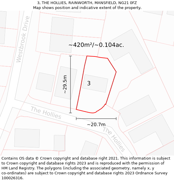 3, THE HOLLIES, RAINWORTH, MANSFIELD, NG21 0FZ: Plot and title map