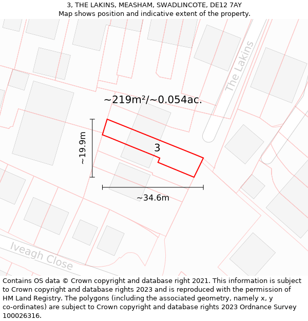 3, THE LAKINS, MEASHAM, SWADLINCOTE, DE12 7AY: Plot and title map