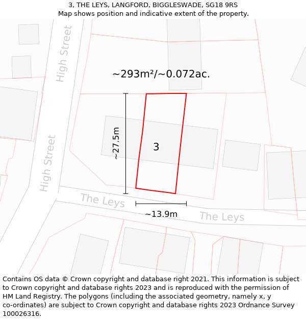 3, THE LEYS, LANGFORD, BIGGLESWADE, SG18 9RS: Plot and title map